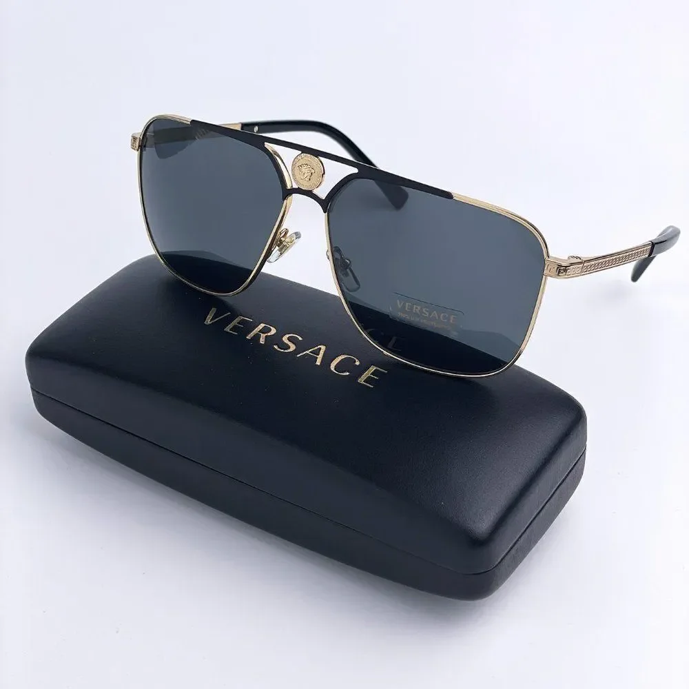 NEW Versace VE2238 143687 Gold Matte Black Gray Rectangle Metal Men Sunglasses